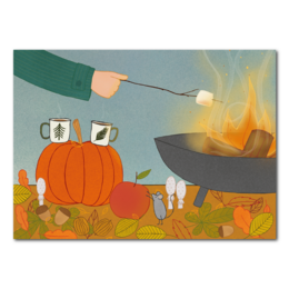 Vibrant illustration depicting a pumpkin, cooking utensils, and a campfire, suggesting a cozy autumn scene. The description captures the key visual elements that could be used for semantic search, including the pumpkin, cooking tools, and the campfire.