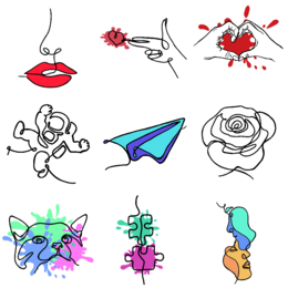 Colorful, abstract art-style icons depicting various objects and symbols, including a paper airplane, rose, and paw print.