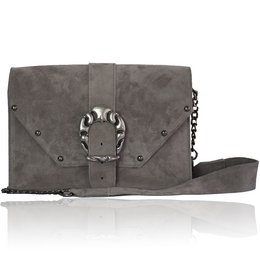 Grey suede leather shoulder bag with buckle detail and chain strap.