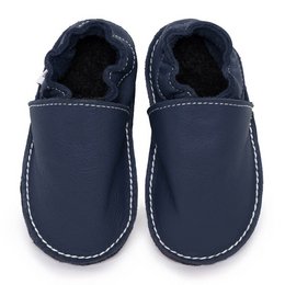  Navy blue leather slippers with soft fur lining. Comfortable and cozy for indoor wear.