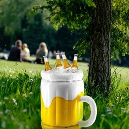 Inflatable beer bucket as a drink cooler, perfect for outdoor parties and gatherings. Made of durable materials, holds multiple bottles or cans, and keeps beverages chilled.