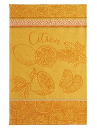 A yellow and orange jacquard-woven kitchen tea towel featuring a citrus fruit design, measuring 50x75 cm and made of 100% cotton.