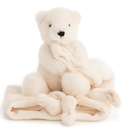 Soft, plush white polar bear cuddle cloth. Ideal for snuggling and comforting. Features a cozy, huggable design.