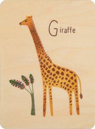 Wooden children's card with a giraffe illustration and the word "Giraffe" written below.