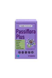  Purple passiflora plus daily vitamin supplement tablets, herbal wellness product with flower icon design.