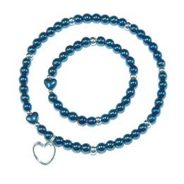 Blue hematite beaded bracelet with silver-plated heart charm. Elegant and stylish accessory for mothers and daughters.