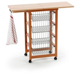 A wooden kitchen storage cart with a flat top surface and multiple wire mesh baskets below. The cart has a natural wood finish and is on casters for mobility.