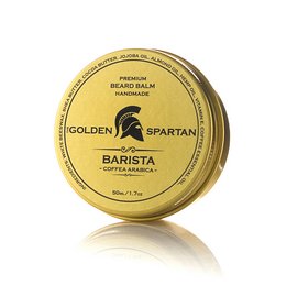 A premium beard balm in a golden tin, designed for baristas and featuring the Golden Spartan logo.