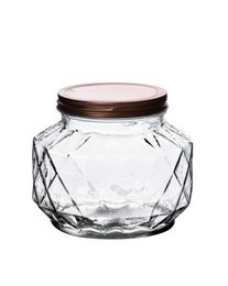 A clear glass jar with a diamond-patterned design and a brown lid. The jar is 1.7 liters in capacity and measures 11 x 16 x 14 cm.