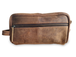 A brown leather toiletry bag with a zipper closure and a rectangular shape.