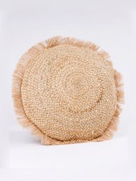  "Round textured cushion cover, jute cotton blend, natural beige, woven material, boho style"
