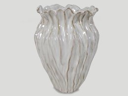  Cream white ceramic planter pot with wavy ridged texture, tall cylindrical shape, 18cm diameter