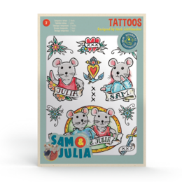  Colorful temporary tattoos featuring cartoon mice characters, floral designs, and text. Suitable for children's fashion or accessories.