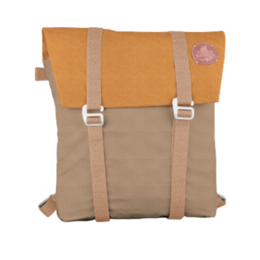 A beige and orange backpack with a roll-top closure and water-resistant material, suitable for kids.