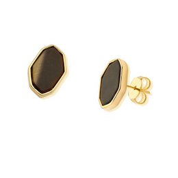 Geometric stud earrings with 18k gold plating and tiger eye stones.