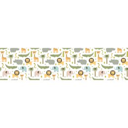  This painting features a safari-themed design with various animals such as lions, giraffes, and elephants in a repeating pattern. The colors used are earthy tones of brown, green, and yellow, creating a natural and rustic aesthetic.