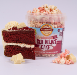 Red velvet cake flavored popcorn with a rich, indulgent taste. Includes pieces of real red velvet cake.