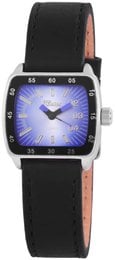 "Square face ladies watch, black leather strap, blue dial, silver case, elegant timepiece"