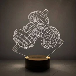A 3D dumbbell-shaped LED lamp made of wood. The lamp features a unique wireframe design that creates a modern and minimalist aesthetic.