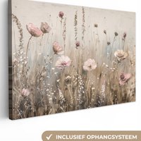 Canvas Painting - Wall Decoration - Flowers - Pink - Modern - Beige