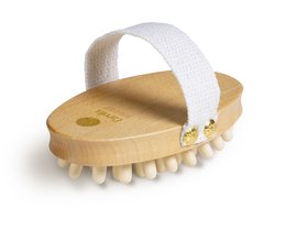 Wooden anti-cellulite massage brush with soft bristles for exfoliating and improving skin texture.