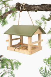  Wooden birdhouse with a simple, minimalist design. Features a natural wood finish and a small circular entrance hole for birds.