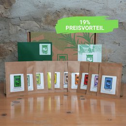 Assorted herbal salt sample set in various flavors including Mediterranean, Garlic, and Chili. Packaged in kraft paper bags with product labels.