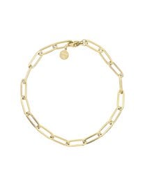 A gold chain bracelet with a circular charm and multiple strands of beads and charms.