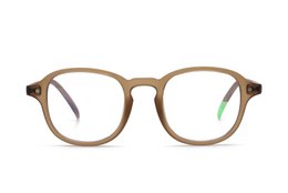 Round, beige eyeglasses with green accents for reading.
