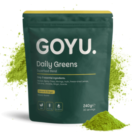 Green powder supplement, 240g pouch, natural ingredients, lemon ginger flavor, daily wellness drink mix.