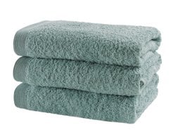 Sea green bath towel set made of soft, absorbent cotton terry cloth material.