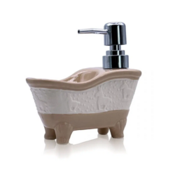  Beige ceramic bathtub-shaped soap dispenser with chrome pump. Suitable for bathroom vanity or countertop.