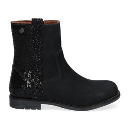 Black ankle boots with glitter details, suitable for kids. Features a round toe, low heel, and side zipper closure. Ideal for casual or dressy occasions.