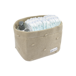 A beige, rectangular baby changing basket made of soft, knitted material. The basket has a simple, minimalist design and is suitable for storing and organizing baby changing supplies.