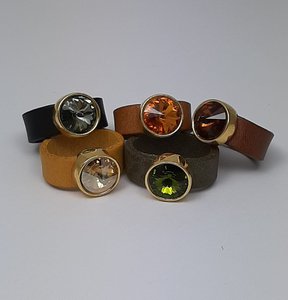 Leather ring Rivoli Swarovski element 24K gold plated