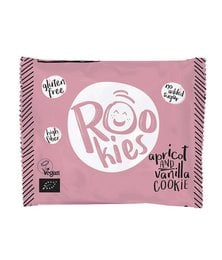 Organic apricot and vanilla flavored cookie, round shape, pink packaging with Rookies branding.