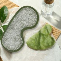 Grünes Jade-Gua-Sha-Set und Augenmaske – Thermotherapie – unverzichtbare Schönheitsaccessoires – Naturstein – Hebewerkzeug