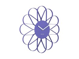  Decorative wall clock with a modern floral design in a vibrant purple color. Features a unique petal-shaped frame and a central clock face.