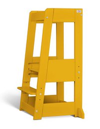 A yellow wooden learning tower with a sunflower design, suitable for babies and toddlers.