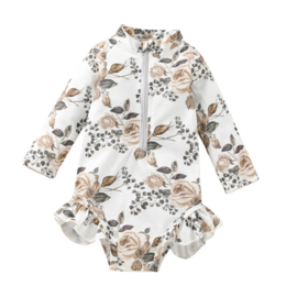Floral print baby swimsuit with long sleeves and UV protection, available in sizes 3-6 months, 6-12 months, 12-18 months, and 18-24 months.