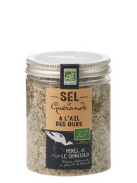 A 150g box of PGI Guérande salt with organic wild garlic. This seasoning features a blend of Guérande salt and aromatic wild garlic, providing a savory and flavorful addition to various dishes.