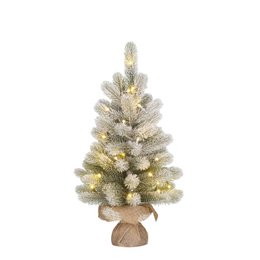  Tall, green plastic artificial Christmas tree with snowy branches and LED lights, perfect for holiday decor.