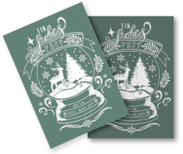 Christmas card with festive lettering and winter landscape illustration.