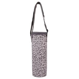 Insulated bottle holder with cheetah print design, suitable for travel. Features a black strap for easy carrying.