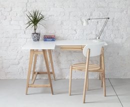 L-shaped desk in various color options, including sea green, fleeting mint, gentle blue, antique pink, sage green, chalk white, brown beige, broom yellow, beaver brown, white, pure red, petrol blue, navy blue, graphite, concrete grey, pearl grey, and powder pink, with ash or oak finishes, available in left or right-handed configurations.