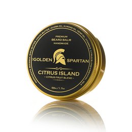 A round, golden-colored beard balm in a metal tin labeled "CITRUS ISLAND Premium Beard Balm" from the Golden Spartan brand.