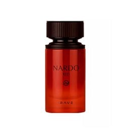 Red glass bottle perfume, dark brown cap, luxury fragrance, Nardo branding, 100ml EDP spray