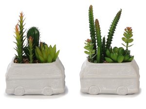 Bus aus Keramik mit Kunstpflanzen 12x8x18cm