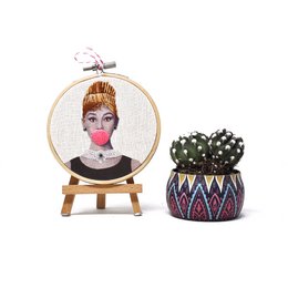 Handmade Embroidery Hoop Wall Art - Bubblegum Celebrities - Textile Wall Art Decoration (10cm)