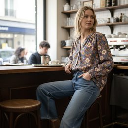  Women's cotton blouse with colorful floral print and "Jeana" text. Long sleeves, relaxed fit.